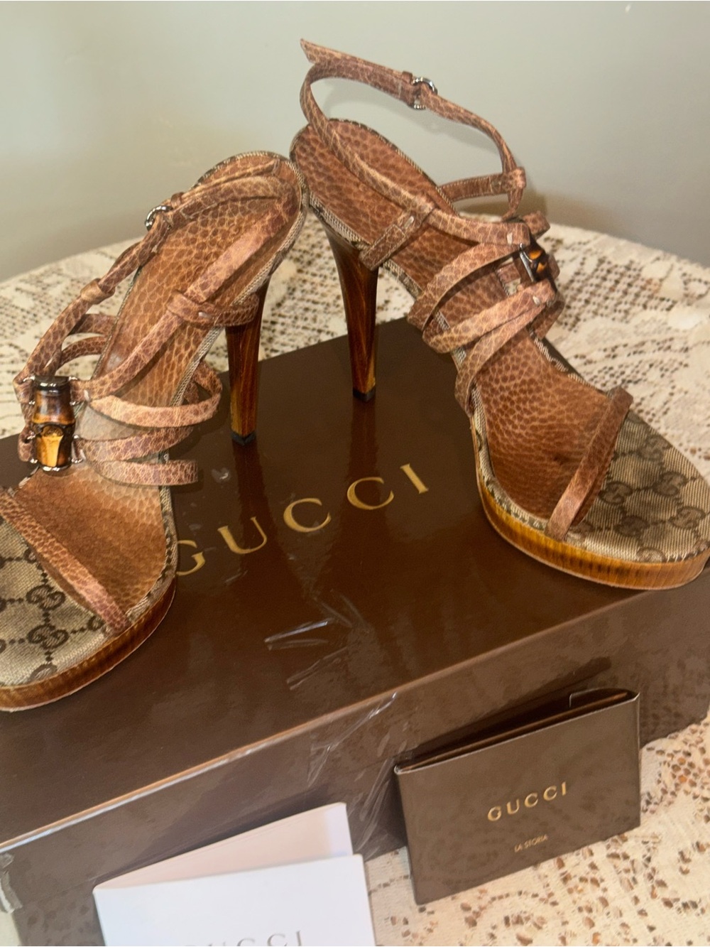 Gucci Brown Leather & GG Canvas Wedge Sandals with Bamboo Accent - Picture 4 of 11
